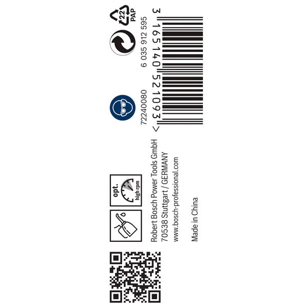 Produktverpackung mit Barcode, Recycling Symbol, Augenschutz Symbol, Herstellerinformationen und Hinweis auf hohe Drehzahl