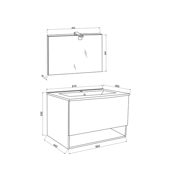 Technische Zeichnung eines Waschtischunterschranks mit Spiegel und den entsprechenden Maßangaben