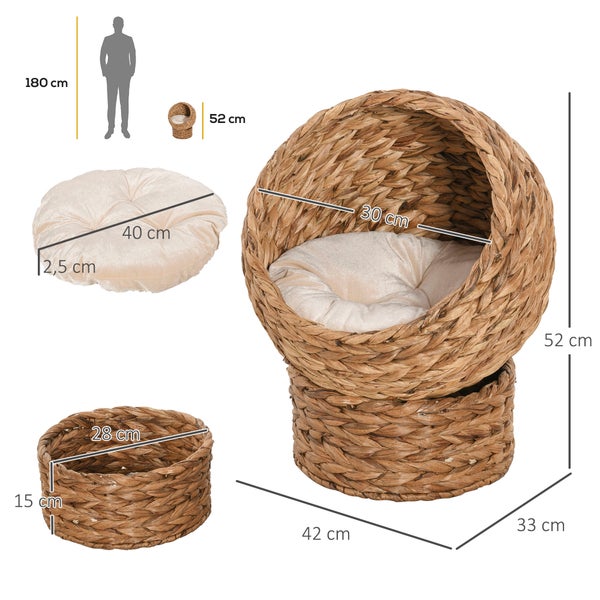 PawHut Rattan Katzenkorb, 42 x 33 x 52 cm, Wasserhyazinthe, Hellbraun