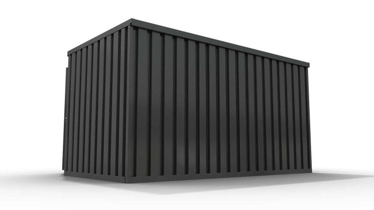 Lagercontainer Gerätehaus XXL  – 12 qm, H2150 x B6080 x T2170 mm, Außenwandlackierung anthrazit, Dach außen verzinkt, mit Holzfußboden, 1270 mm Einflügeltür mittig in Breitseite, montiert