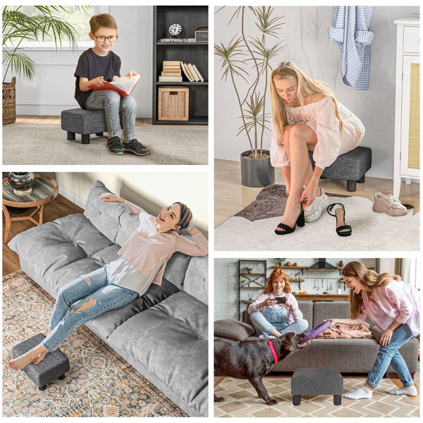 Collage verschiedener Szenen, die einen grauen Hocker im Einsatz zeigen