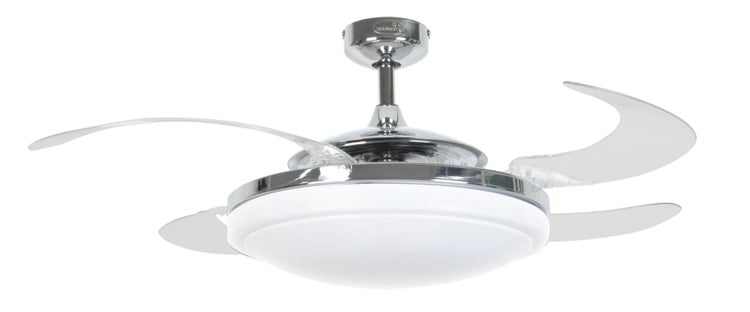 Deckenventilator mit ausklappbaren Flügeln und integrierter LED Beleuchtung in moderner Optik