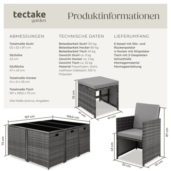 Rattan Sitzgruppe tectake Malaga zusammenschiebbar, inklusive Schutzhülle für 6 bis 10 Personen grau