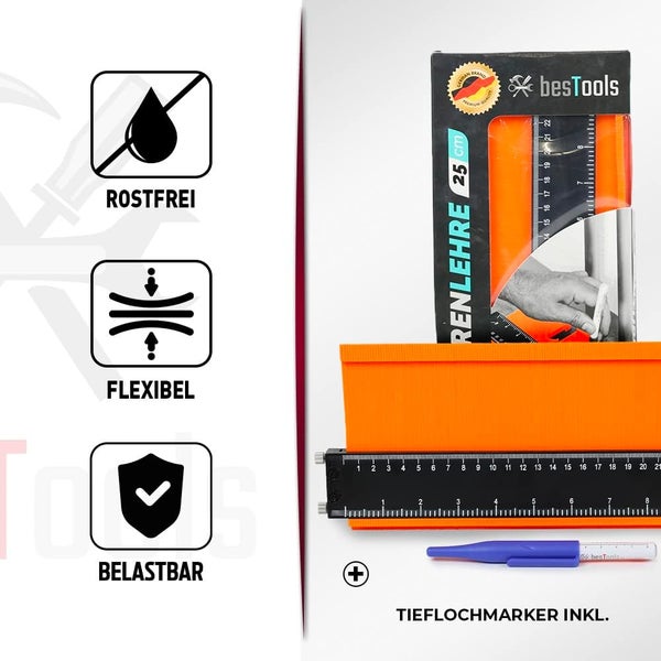 besTools Konturenlehre 25 Zentimeter mit Tieflochmarker. Symbole für rostfrei, flexibel und belastbar. besTools Logo.