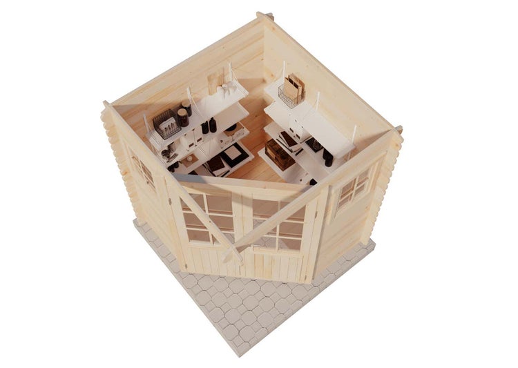 Abbildung eines Gartenhauses mit Regalen