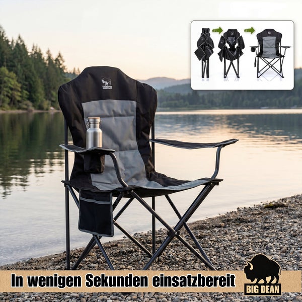 Faltbarer Campingstuhl mit Getränkehalter und Seitentasche von Big Dean am Seeufer, inklusive einer Anleitung zum schnellen Aufklappen.