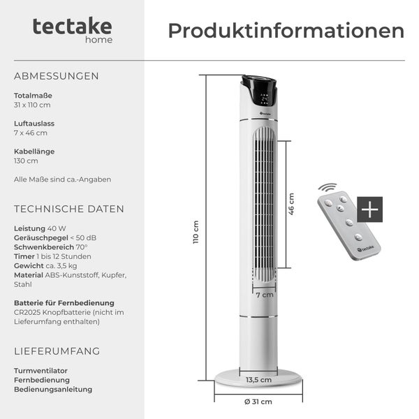 tectake Logo. Produktdetails zum Turmventilator mit Abmessungen von circa 31 mal 110 Zentimeter, technischer Skizze und Fernbedienung.