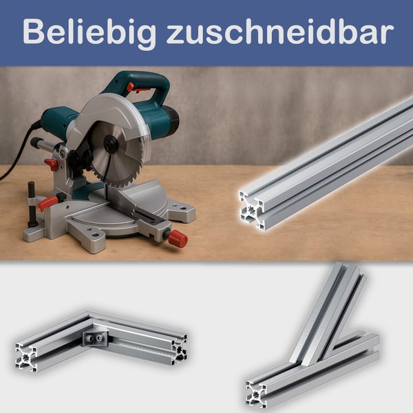 Gehrungssäge und Aluminiumprofile, die beliebig zugeschnitten werden können