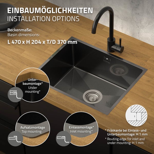 ML-Design Spülbecken Edelstahl 50x40 cm Anthrazit, Küchenspüle eckig, 1 Becken, Einbauspüle Unterbauspüle, Edelstahlspüle mit Ab- und Überlaufgarnitur, Einzelbecken mit Siphon, Waschbecken Küche Spüle