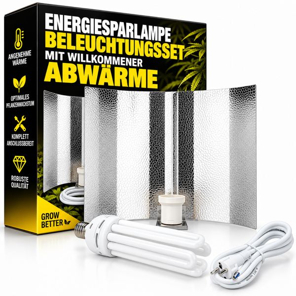 Energiesparlampen Beleuchtungsset mit Reflektor für Pflanzenwachstum inklusive Anschlusskabel und Leuchtmittel.