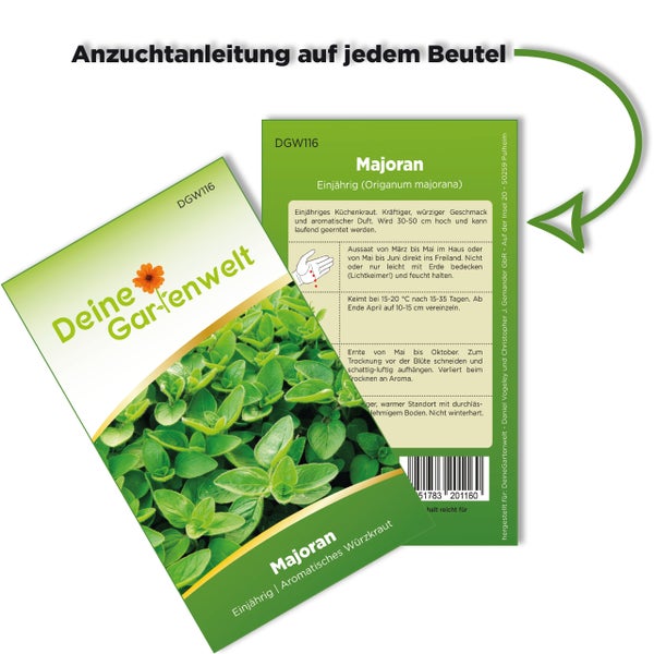 Deine Gartenwelt Majoran-Saatgut, einjähriges aromatisches Würzkraut, Vorderseite mit Pflanzenabbildung und Rückseite mit Anzuchtanleitung.