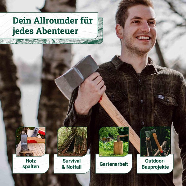Ein Mann trägt eine Axt mit Holzstiel im Wald. Vier kleine Bilder zeigen Einsatzbereiche wie Holz spalten, Survival, Gartenarbeit und Bauprojekte.