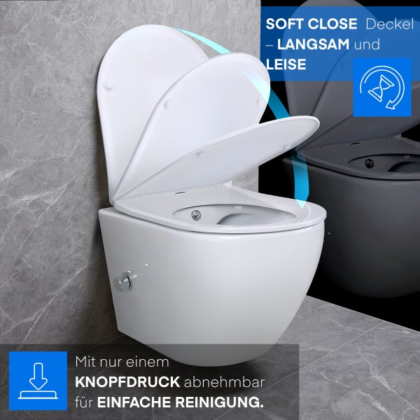 Weißes Wand-Hänge-WC mit Bidet-Funktion, Soft-Close-Deckel und abnehmbarem WC-Sitz zur einfachen Reinigung.