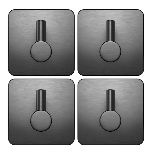 Set mit 4 quadratischen Wandhaken aus gebürstetem Edelstahl in Schwarz.