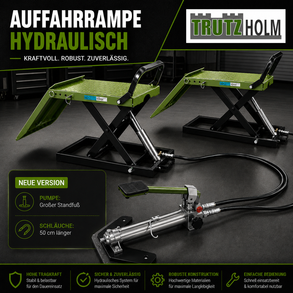 Hydraulische Auffahrrampen für Fahrzeuge im Set mit Fußpumpe und Verbindungsschläuchen, robuste Metallkonstruktion, Trutzholm Logo.