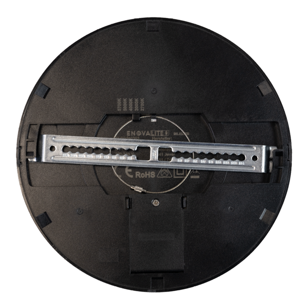 Rückansicht einer runden LED-Deckenleuchte mit Metall-Montagebügel und einstellbarer Farbtemperatur von 2700 Kelvin bis 5700 Kelvin.