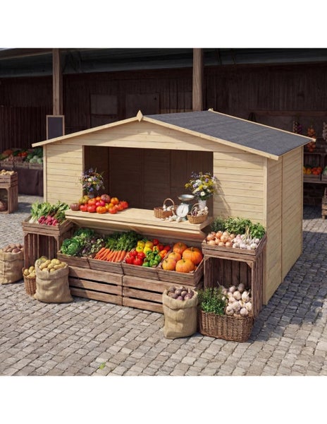 Marktstand aus hellem Holz mit Satteldach und Verkaufstresen, dekoriert mit frischem Obst, Gemüse und Blumen auf Kopfsteinpflaster.