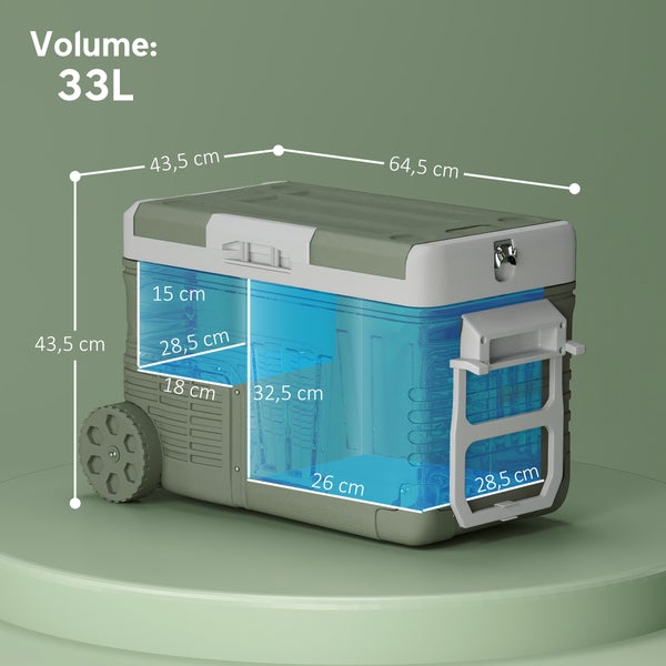 Outsunny 33 Liter Kompressor Kühlbox elektrische Kühlbox mit LED Rolle Kühlfunktion leise Gefrierbox Thermobox Mini Kühlschrank 12/230 Volt für Auto Steckdose LKW Camping Boot Grün