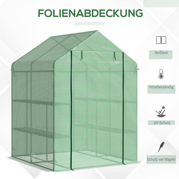 Outsunny Foliengewächshaus, begehbares Gewächshaus mit 8 Regalebenen,  143 x 138 x 195 cm, Stahl,PE-Kunststoff, Grün