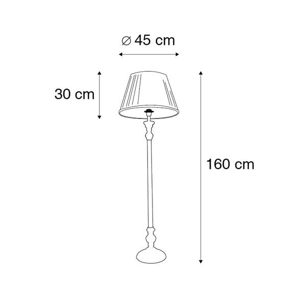 Technische Zeichnung einer Stehlampe mit den Maßen 45 cm Durchmesser Lampenschirm, 30 cm Höhe Lampenschirm und 160 cm Gesamthöhe