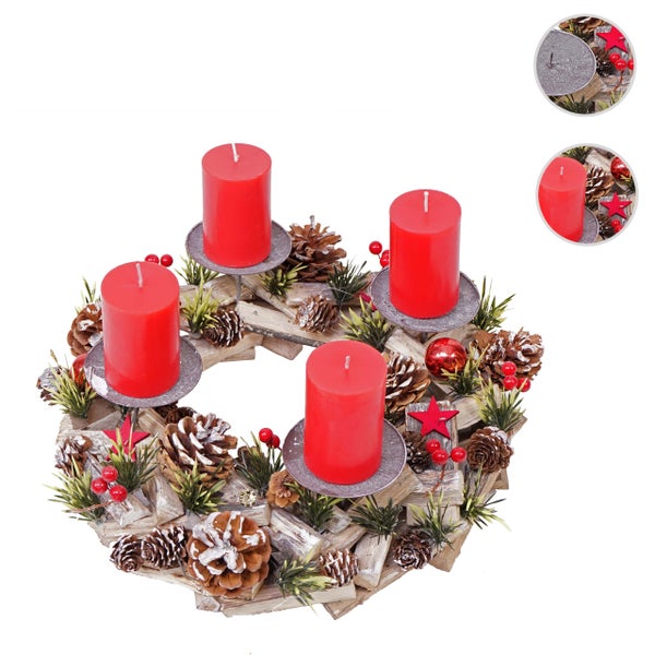 Adventskranz mit vier roten Kerzen, Tannenzapfen, Beeren und Sternen