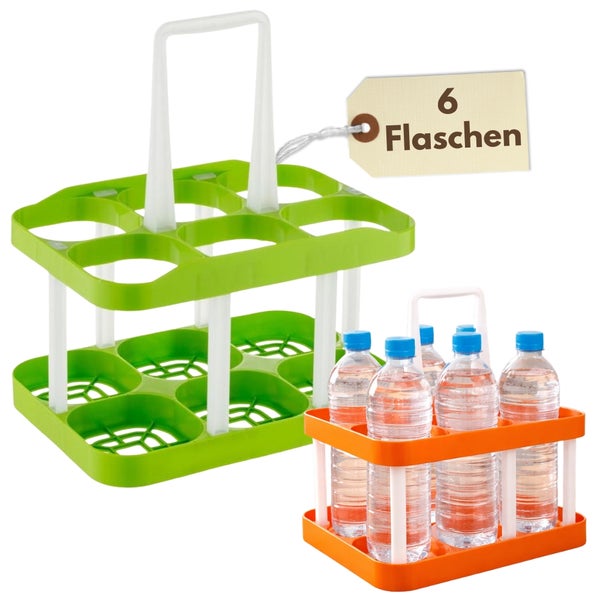 Flaschenträger aus Kunststoff für sechs Flaschen mit Tragegriff.