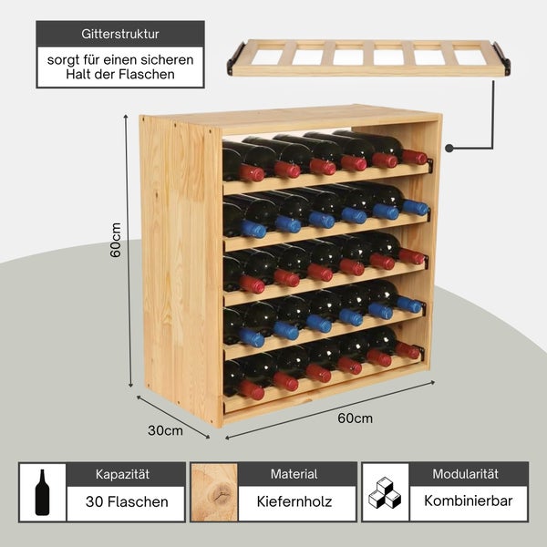 Weinregal aus Kiefernholz für 30 Flaschen, Maße 60 mal 60 mal 30 Zentimeter, Gitterstruktur für sicheren Halt, modular kombinierbar.