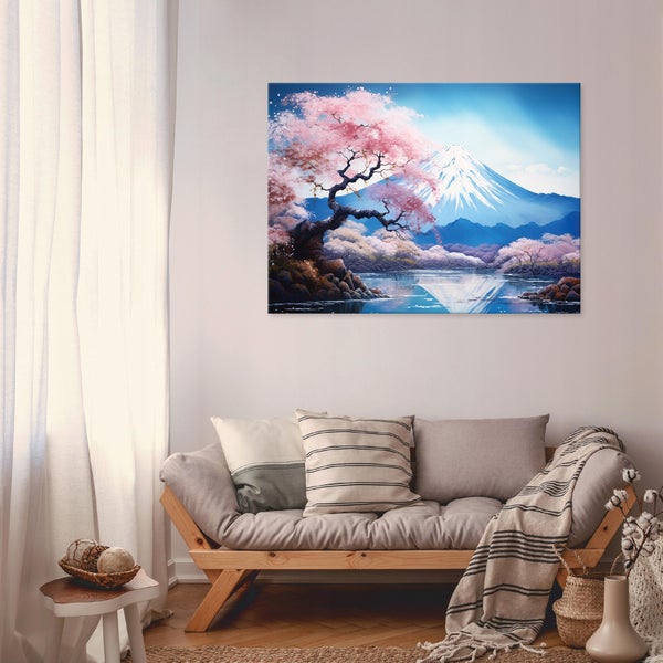 Wohnzimmer mit Sofa und gerahmtem Bild mit Kirschblüten und Berg