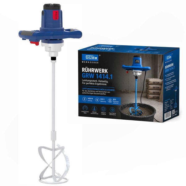 Güde Rührwerk GRW 1414.1 mit 1400 Watt Leistung und M14 Werkzeugaufnahme zum Mischen von Mörtel und Farben inklusive Verpackung.