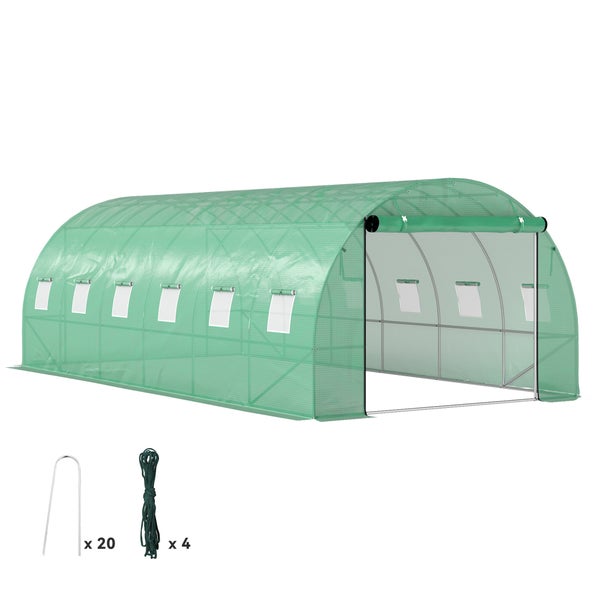 Outsunny Gewächshaus Foliengewächshaus mit 12 Fenster, Rolltür, Aufrollbar Seitenwänden, UV-beständiger Folientunnel, Winterfest Tomatenhaus mit Erdanker, Grün