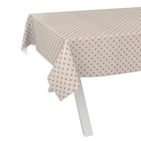 Tischdecke mit geometrischem Muster und kleinen Blumenornamenten.