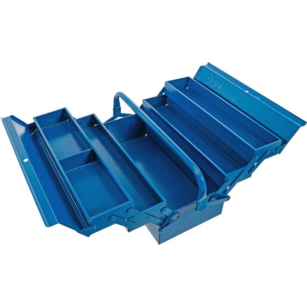 Ausgeklappter blauer Werkzeugkasten aus Metall mit fünf Fächern und Tragegriff.