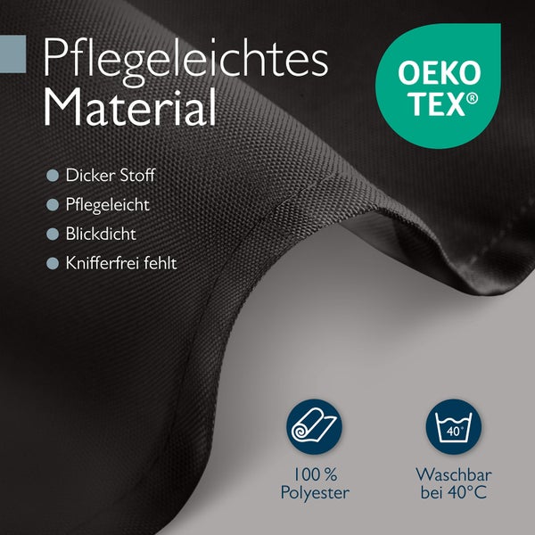 Pflegeleichtes Material aus 100 Prozent Polyester mit Öko Tex Siegel und Waschbarkeit bei 40 Grad.