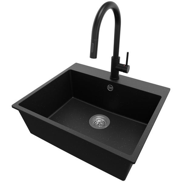 PRIMAGRAN Granitspüle Schwarz Metallic 58x50cm, Spülbecken 1 Becken + Küchenarmatur 40x20cm + Ablauf-Set, Küchenspüle ab 60er Unterschrank - Riga