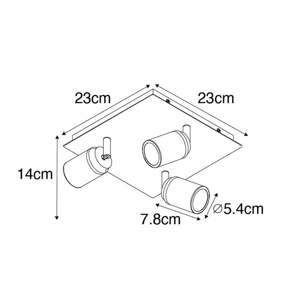Technische Zeichnung einer Deckenleuchte mit drei Strahlern und den Maßangaben 23 mal 23 Zentimeter für die Montageplatte, 14 Zentimeter Höhe und 7,8 Zentimeter Länge mit 5,4 Zentimeter Durchmesser für die Strahler.