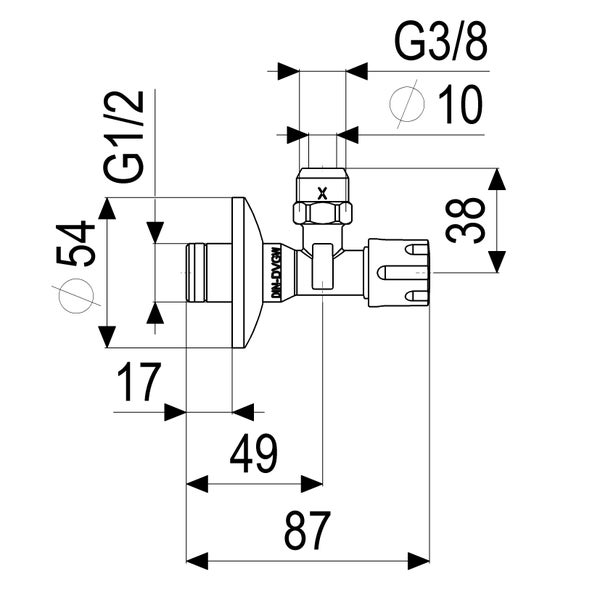 Maßzeichnung eines Eckventils mit Anschlüssen G ein halb und G drei achtel sowie Maßangaben in Millimeter.