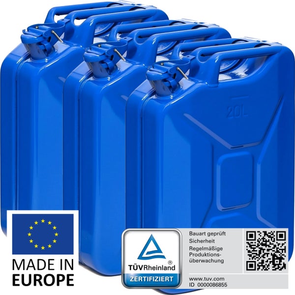 Vier blaue 20 Liter Kraftstoffkanister mit Tragegriff und TÜV Rheinland Zertifizierung
