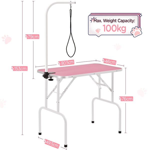Hundetisch mit den Maßen 80,5 cm x 46 cm, Höhe 76 cm, Gesamthöhe 153 cm und maximaler Belastbarkeit von 100 kg