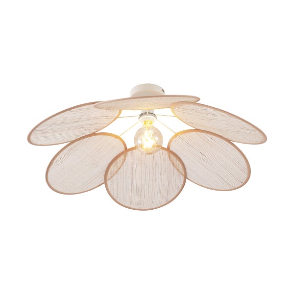 Deckenleuchte im Blumendesign mit sechs ovalen Stoffschirmen und zentralem Leuchtmittel.