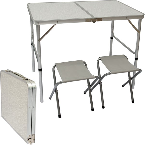 AMANKA klappbarer höhenverstellbarer Campingtisch 90x60x70 cm inkl. 2 Falthocker Campingtischset Kofferformat Hell Grau