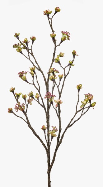 Künstlicher Dekozweig mit strukturierter brauner Rinde und kleinen rosa und grünen Blütenknospen.