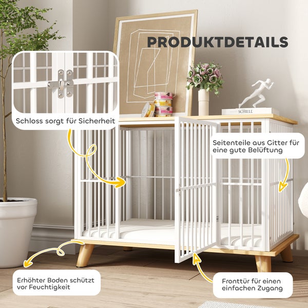 PawHut Hundekäfig für Zuhause, Abschließbar Hundehütte mit Kissen, Hundebox mit Tür, Hundehaus für mittelgroße Hunde unter 15 kg, Eiche, 86 x 60 x 70 cm