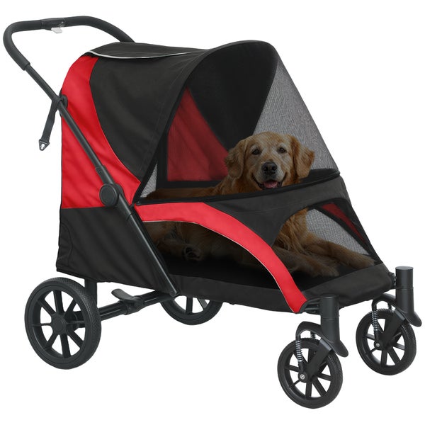 PawHut Hundewagen Hundebuggy klappbar für große Hunde & Katzen bis 30 kg Katzenbuggy mit Kissen Netzfenstern Türen Aufbewahrungstasche Katzenwagen mit Sicherheitsleinen, Bremsen, Buggy Schwarz