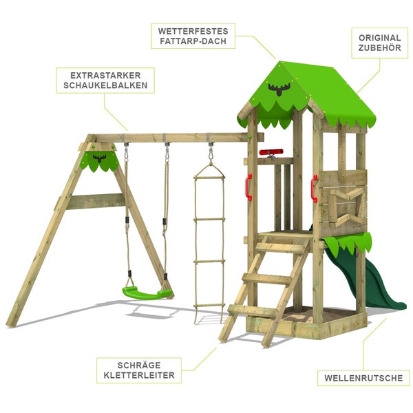 Fatmoose Spielturm Klettergerüst FriendlyFrenzy mit Schaukel und Rutsche, Kletterturm mit Sandkasten, Leiter und Spiel-Zubehör – apfelgrün