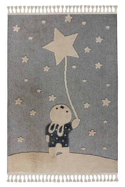 Kinderteppich mit Sternenmotiv und einer Figur, die einen Stern hält, mit Fransen an den kurzen Seiten.