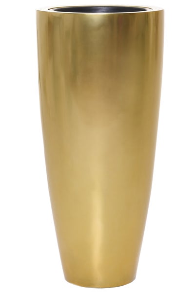 Hohes, konisches Pflanzgefäß mit goldfarbener, glänzender Oberfläche.