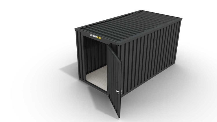 Lagercontainer Gerätehaus XL  – 10 qm, H2150 x B5080 x T2170 mm, Außenwandlackierung anthrazit, Dach außen verzinkt, mit Holzfußboden, 1270 mm Einflügeltür mittig in Stirnseite, montiert