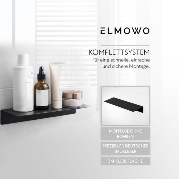 Elmowo Badablage zur Montage ohne Bohren mit speziellem Badkleber und drei M Klebefläche in einem hellen Badezimmer Ambiente.