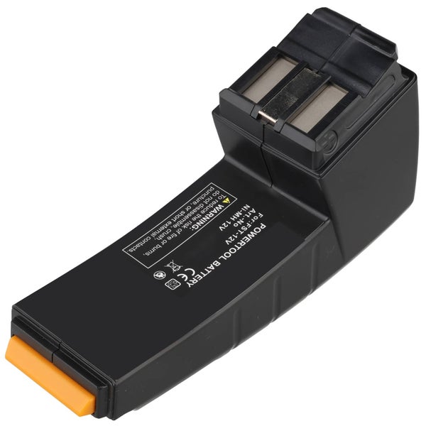 Ersatzakku für Elektrowerkzeuge Nickel-Metallhydrid 12 Volt, Gehäuse aus schwarzem Kunststoff mit orangefarbenem Entriegelungsknopf.