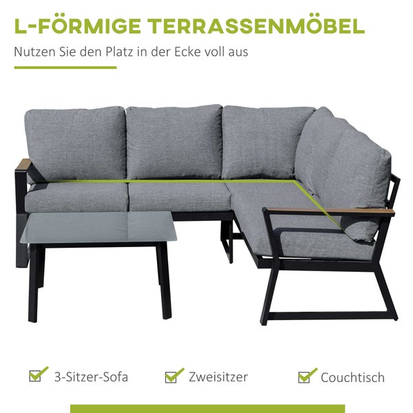 Outsunny 3 tlg. Gartenmöbel-Set, 205L x 72B x 73,5H cm, Aluminium, Polyester, Schaumstoff, grau